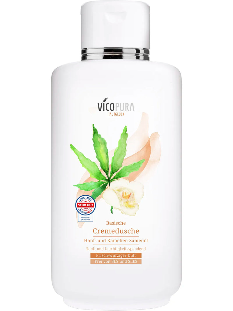 VICOPURA Basische Cremedusche, frisch-würziger Duft mit exquisitem Hanfsamen- und Kameliensamenöl , frei von SLS/SLES