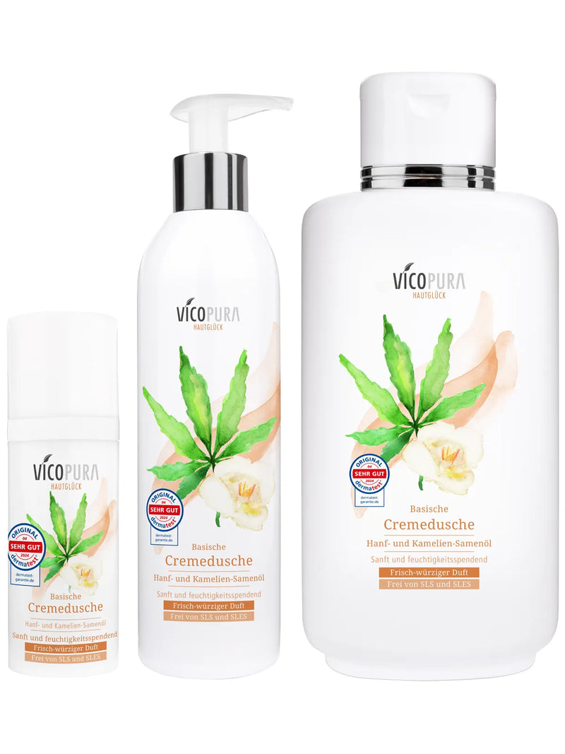 VICOPURA Basische Cremedusche, frisch-würziger Duft mit exquisitem Hanfsamen- und Kameliensamenöl , frei von SLS/SLES